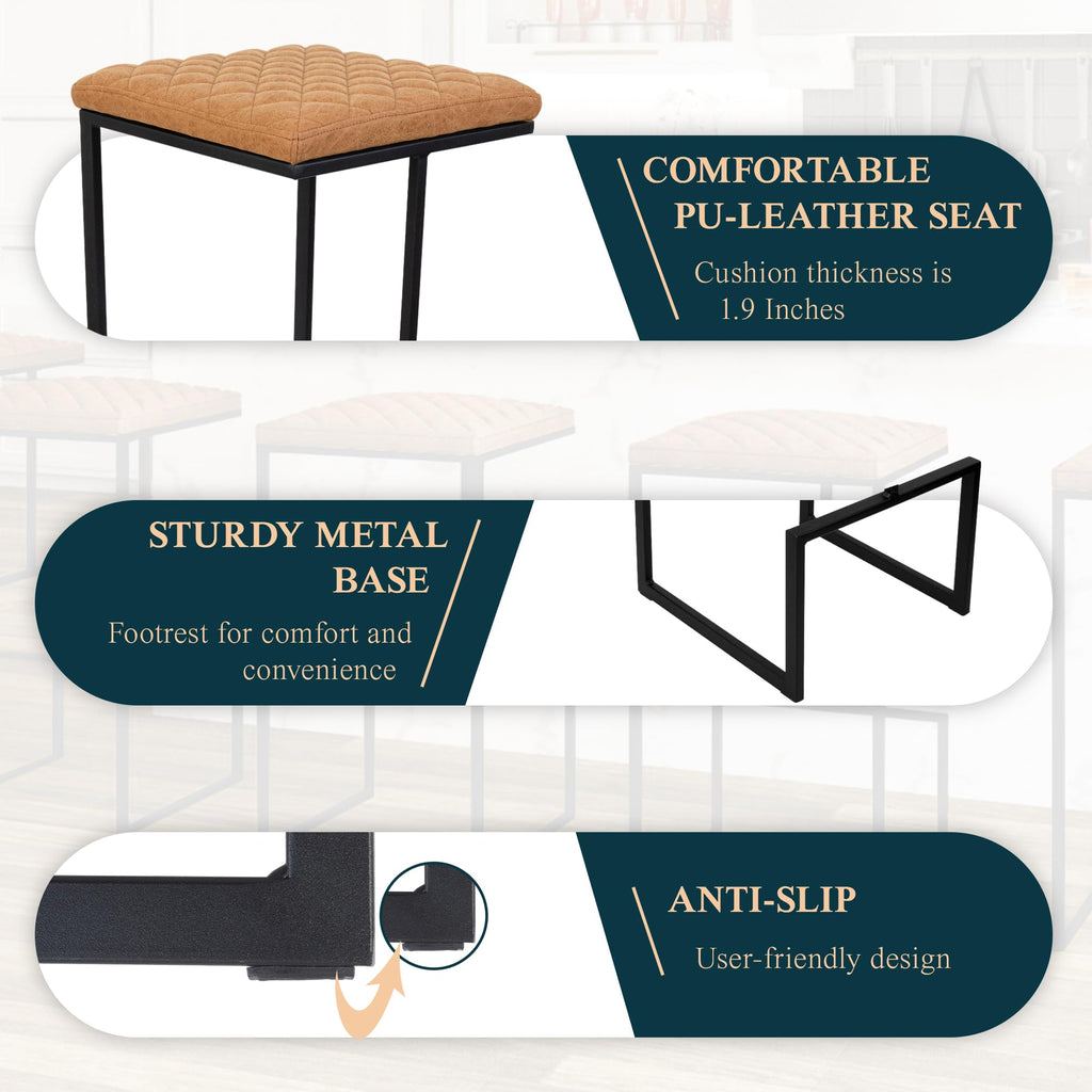 Counter Height Bar Stools, Modern Industrial Backless Counter Stools for Kitchen Island, Dining Counter & Home Bar, Faux Leather Upholstered Seats with Metal Frame, Set of 2, Brown