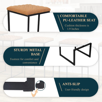 Counter Height Bar Stools, Modern Industrial Backless Counter Stools for Kitchen Island, Dining Counter & Home Bar, Faux Leather Upholstered Seats with Metal Frame, Set of 2, Brown