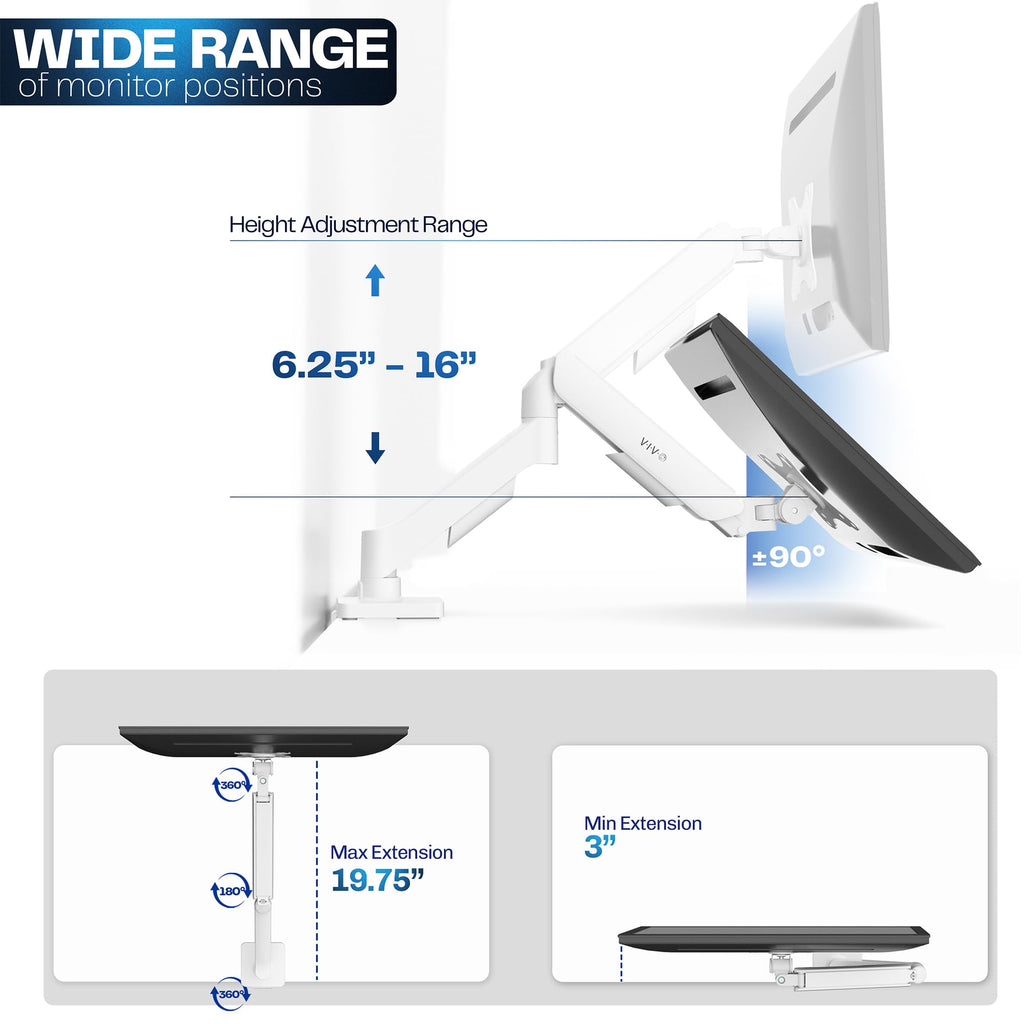 Single 17 to 32 inch Monitor Height Adjustable Counterbalance Mechanical Arm Desk Stand, Classic, Universal VESA Mount, White, STAND-V001OW