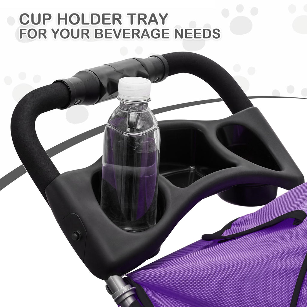 3 Wheels Pet Dog Cat Stroller for Small Medium Dogs Cats, Lightweight Foldable Jogger Stroller w/Storage Basket and Cup Holder, Purple