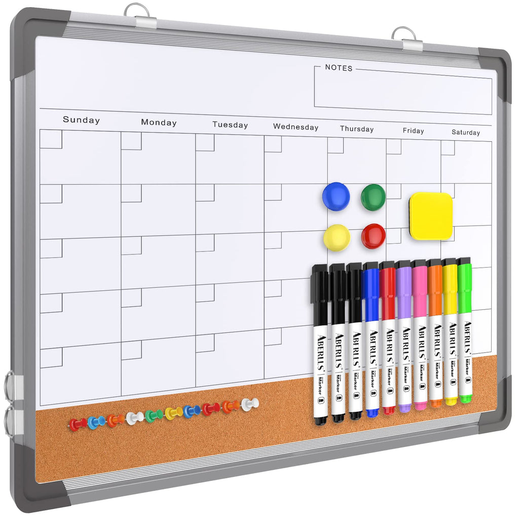 Monthly Calendar Whiteboard for Wall, 17x13 Inches Dry Erase Board with Cork Board Combo, Small Magnetic White Board, Double-Sided Hanging Portable Board for Office School Home Kitchen Planner Memo