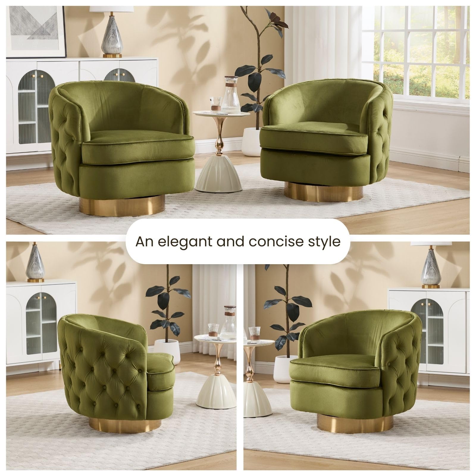 360 Degree Swivel Barrel Accent Chair Set of 2, Modern Tufted Velvet Upholstered Round Arm Chair with Tall Backrest, Side Reading Seat for Living Room, Green