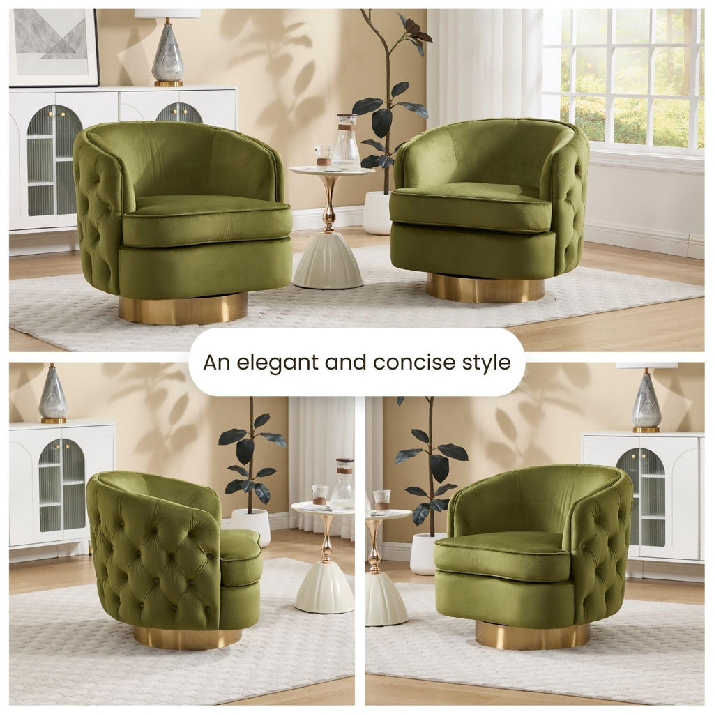 360 Degree Swivel Barrel Accent Chair Set of 2, Modern Tufted Velvet Upholstered Round Arm Chair with Tall Backrest, Side Reading Seat for Living Room, Green