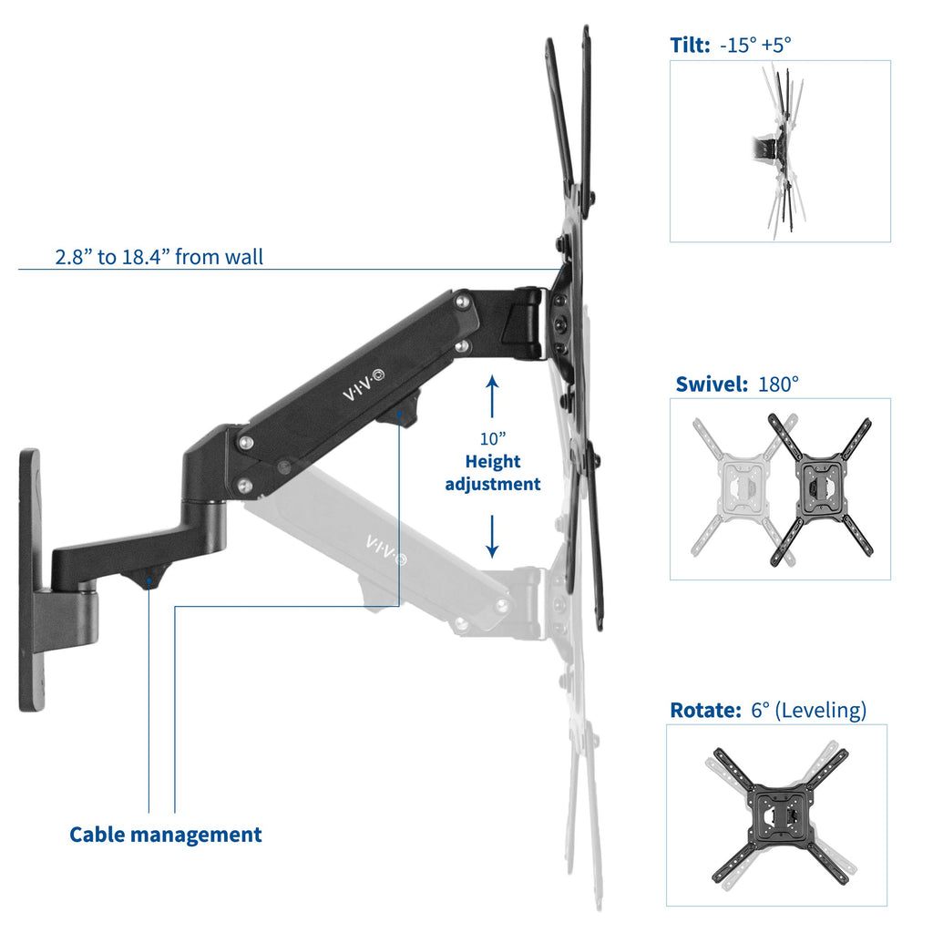Premium Aluminum Single TV Wall Mount for 23 to 55 inch Screens, Adjustable Arm, Fits up to VESA 400x400, Black, MOUNT-G400B