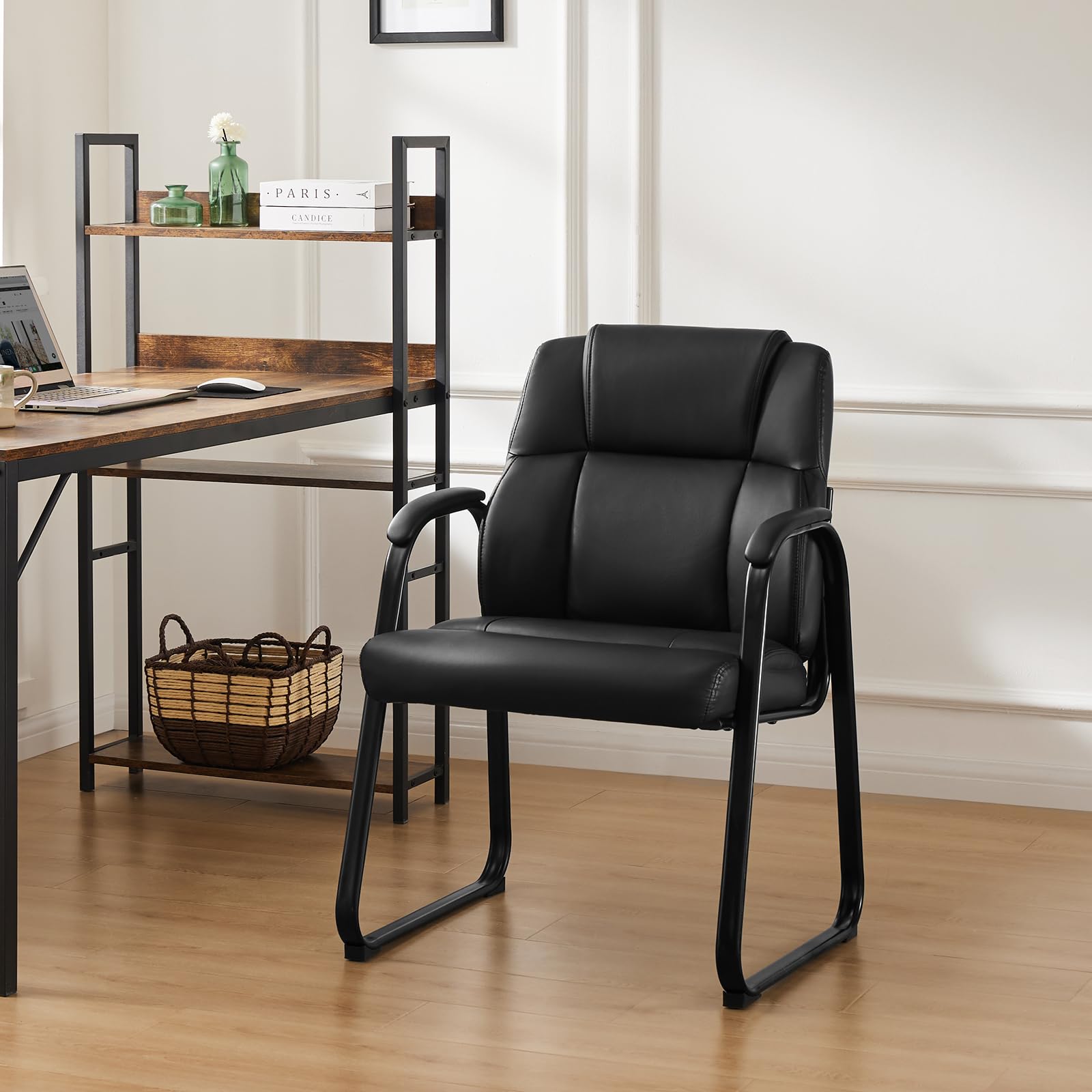 Waiting Room Guest Chair, Stationary Office Reception Chairs No Wheel, Comfy Padded Arms and Seld Base, for Conference Room Lobby Home Computer Desk Bedroom Elderly, Deep Black