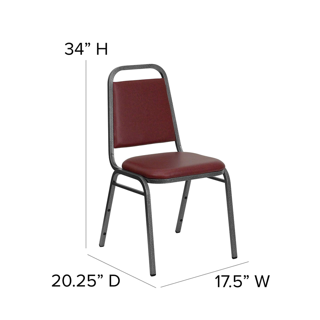 Trapezoidal Back Vinyl Stackable Banquet Chair, Multipurpose Stacking Chair with Padded Seat and Back, Burgundy/Silver