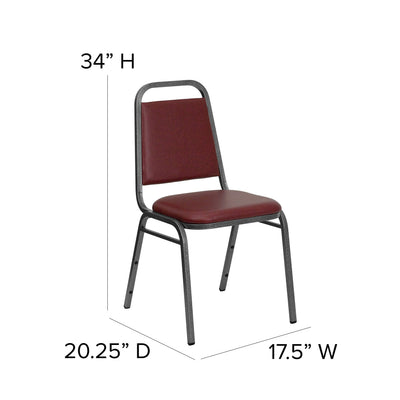 Trapezoidal Back Vinyl Stackable Banquet Chair, Multipurpose Stacking Chair with Padded Seat and Back, Burgundy/Silver