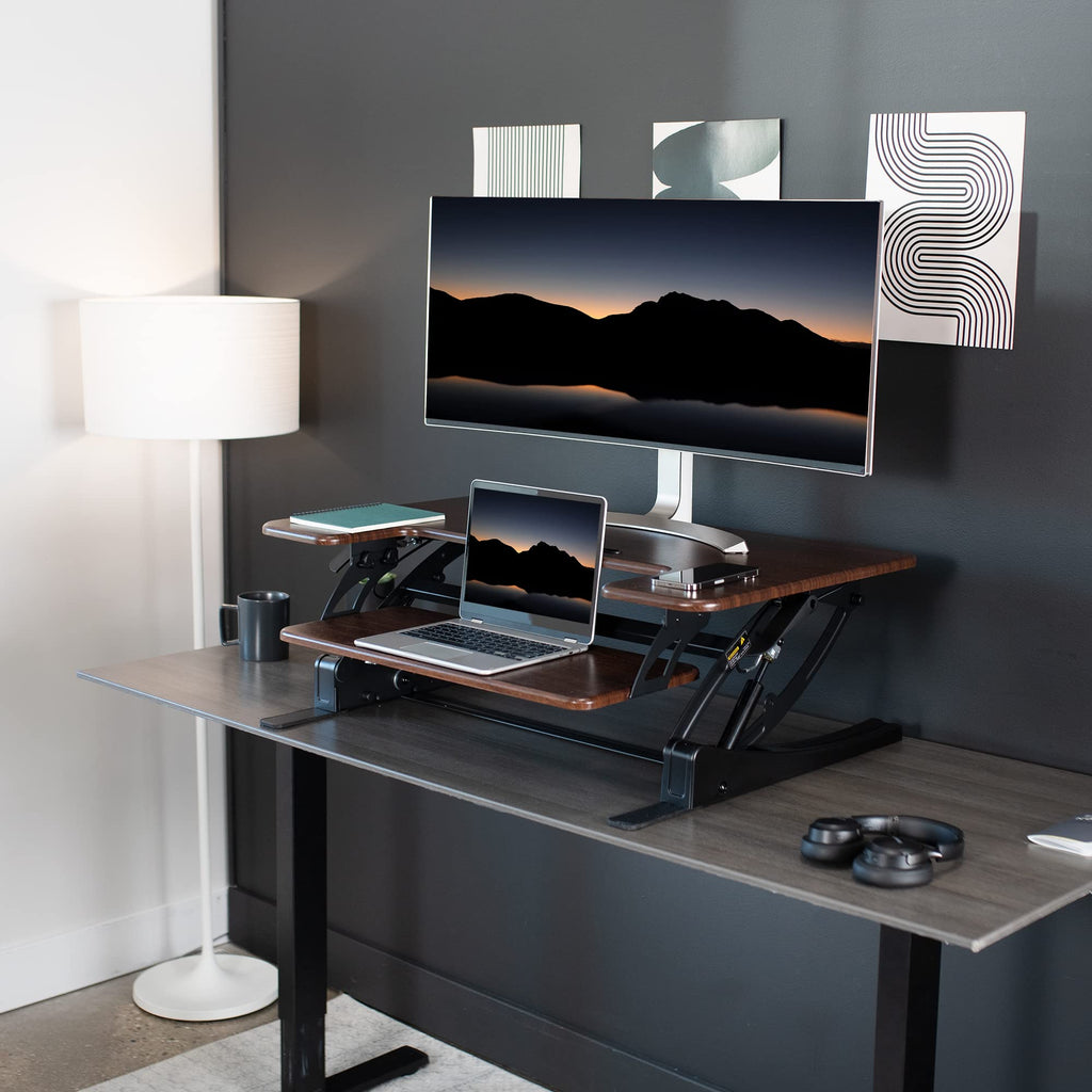 36 inch Height Adjustable Stand Up Desk Converter, V Series, Quick Sit to Stand Tabletop Dual Monitor Riser Workstation, Dark Walnut Top, Black Frame, DESK-V000VD