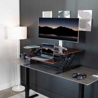 36 inch Height Adjustable Stand Up Desk Converter, V Series, Quick Sit to Stand Tabletop Dual Monitor Riser Workstation, Dark Walnut Top, Black Frame, DESK-V000VD