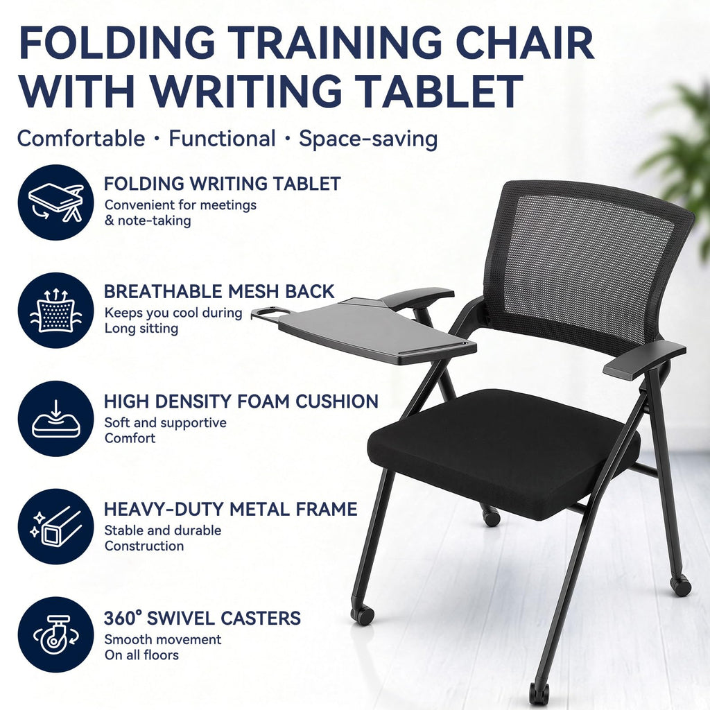 Ergonomic Foldable Office Chair with Breathable Mesh Back, Stackable Conference Chair - PU Wheels & Armrest for Guest, Meeting, Reception (Black) (Black-A)