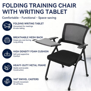 Ergonomic Foldable Office Chair with Breathable Mesh Back, Stackable Conference Chair - PU Wheels & Armrest for Guest, Meeting, Reception (Black-A2)