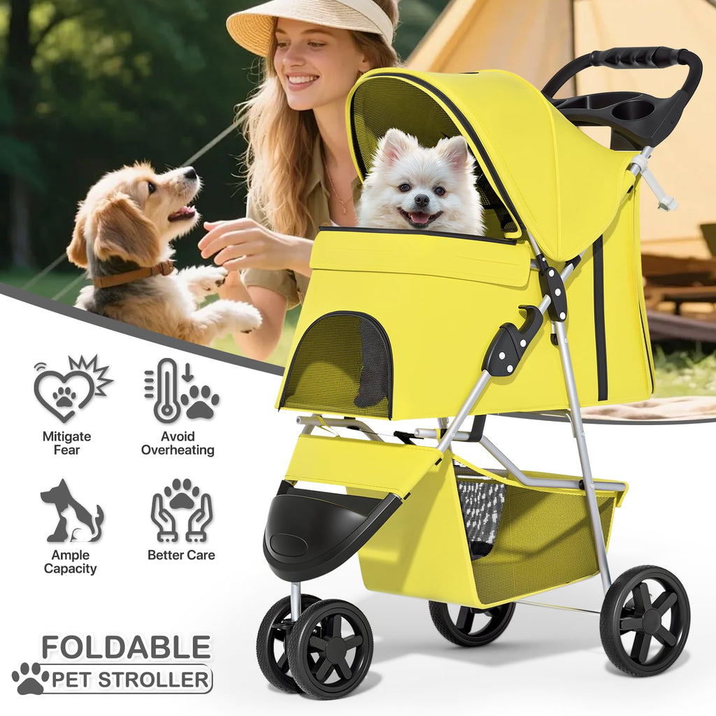 Foldable Pet Stroller with Waterproof Cover, 3-Wheels Dog Strolling Cart for Small/Medium Dogs and Cats with Storage Basket and Cup Holder, Breathable and Visible Mesh for All-Season, Yellow