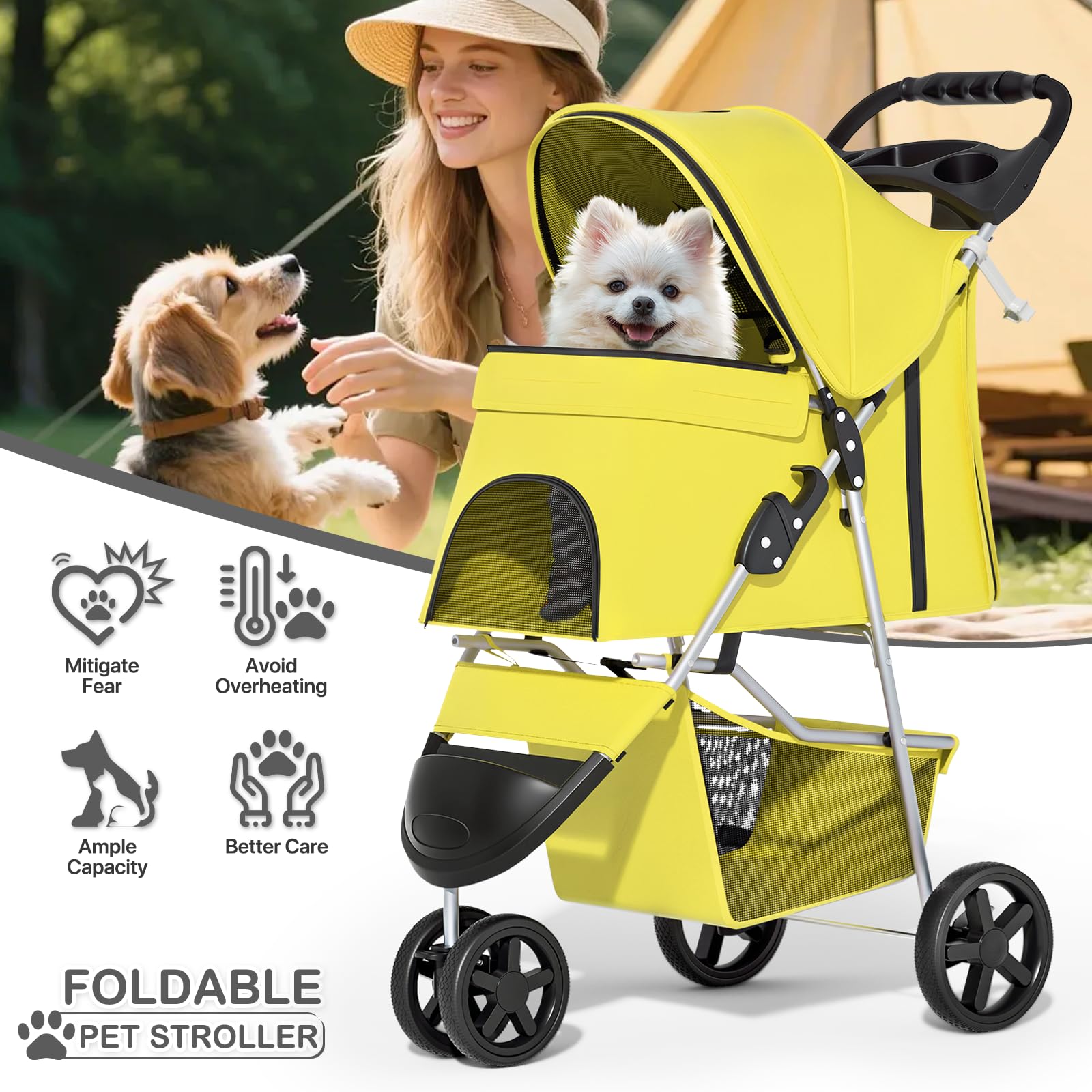 Foldable Pet Stroller with Waterproof Cover, 3-Wheels Dog Strolling Cart for Small/Medium Dogs and Cats with Storage Basket and Cup Holder, Breathable and Visible Mesh for All-Season, Yellow