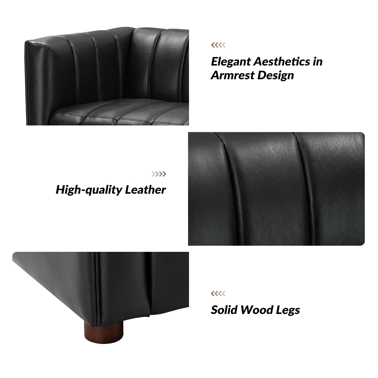 83" Genuine Leather Sofa with Channel Tufted Design, 3-Seater Sofa for Living Room Bedroom, Modern Oversized Couch with Wood Legs, Black