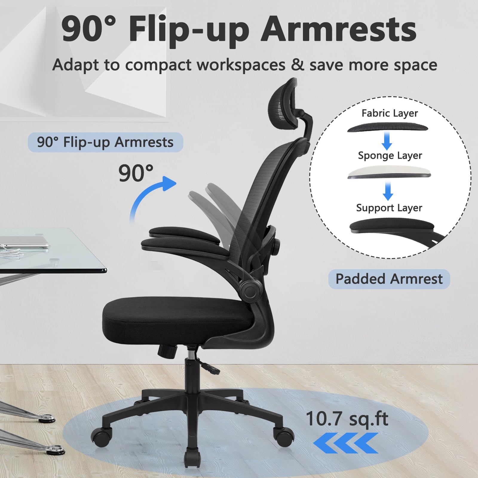Home Office Desk Chair with Flip Up Armrests, Mesh Back Chair with Adjustable Height Lumbar Support and Headrest, Ergonomic Computer Task Chair for School, Conference, Black(4PK)
