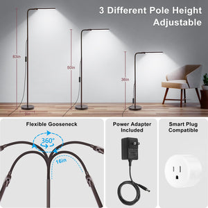 Floor Lamp, 18W/2000LM Bright LED Floor Lamp with Double Head, Adjustable Gooseneck Dimmable Craft Light for Sewing Tatoo Makeup, Eye Caring Brown Reading Floor Lamps for Living Room Bedroom Office