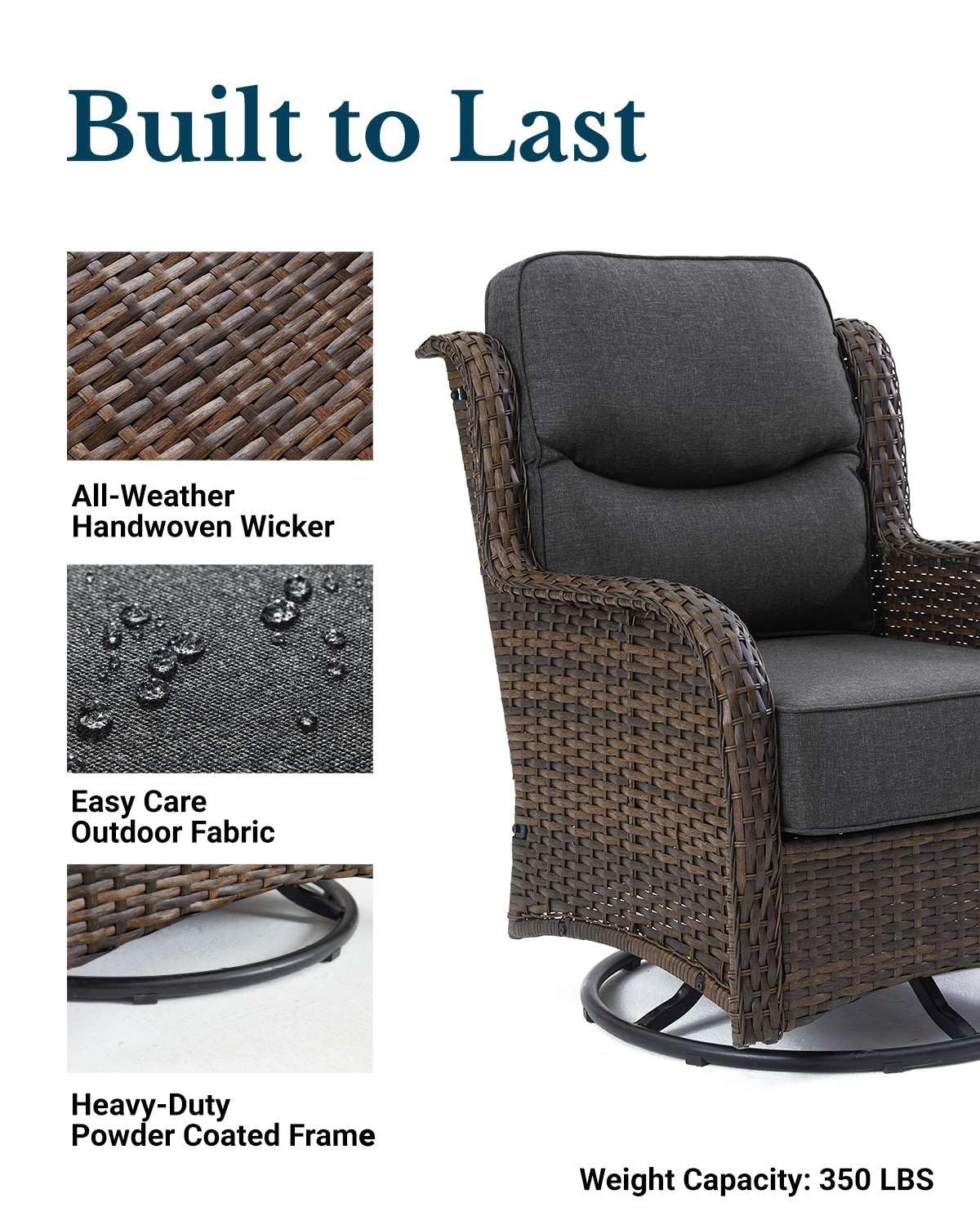 Luxury Patio Furniture Set with 6-inch Thick Cushion, Outdoor High Back Swivel Rocker Patio Chairs, 6PCS Wicker Conversation Set for Deck Yard and Poolside, Dark Grey (V2)