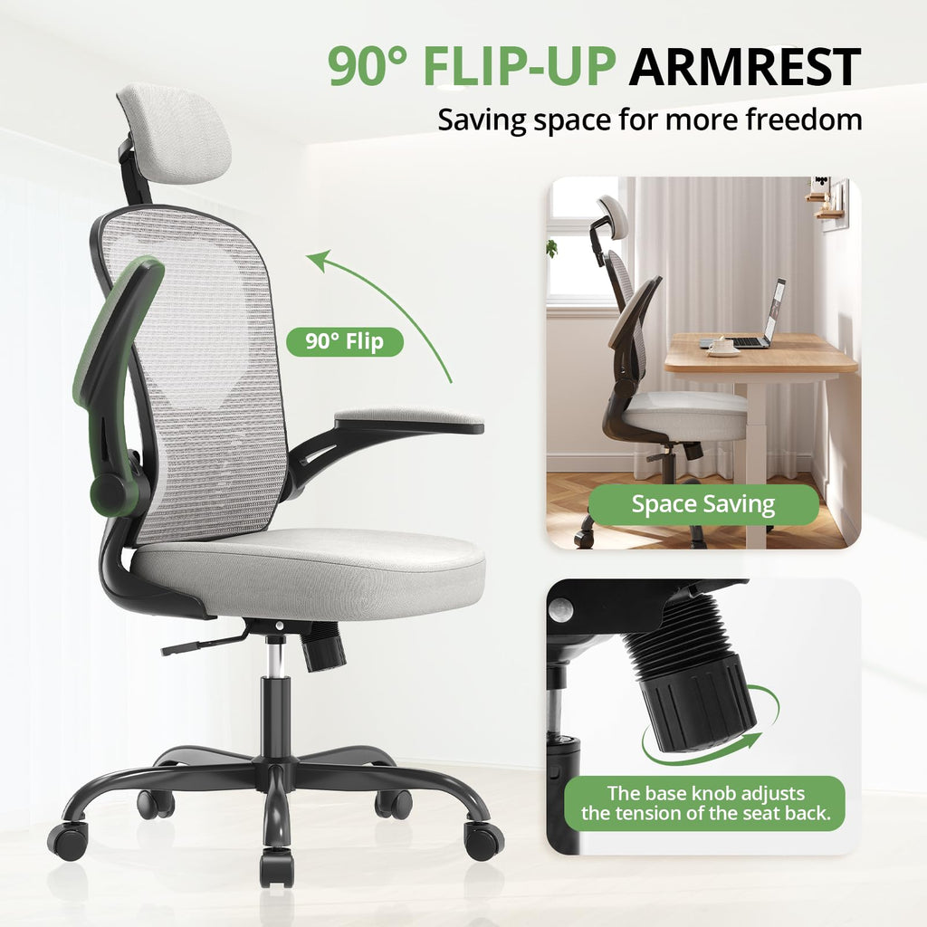 Office Chair Ergonomic Desk Chair, 330LBS Capacity, High Back Computer Design for Long Hours Comfort, Rolling Swivel Executive Task for Home Office with Flip-up Armrests, Black Grey
