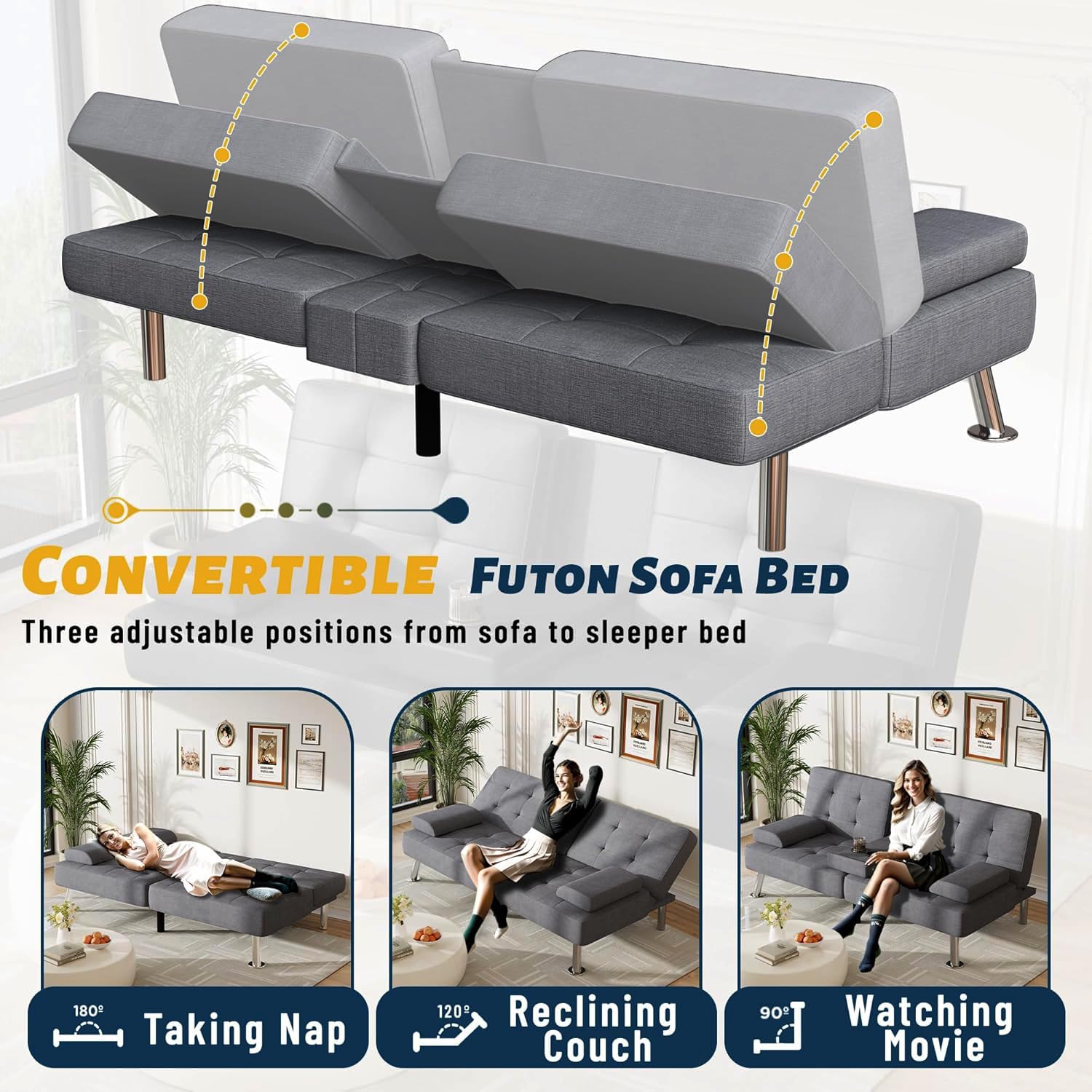 Sofa Bed Adjustable Futon Couch Sleeper Sofa Bed for Living Room, Business Office, Recliner Sofas with Cup Holders (Fabric, Gray)