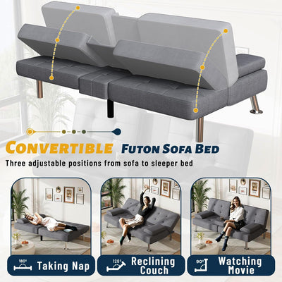 Sofa Bed Adjustable Futon Couch Sleeper Sofa Bed for Living Room, Business Office, Recliner Sofas with Cup Holders (Fabric, Gray)