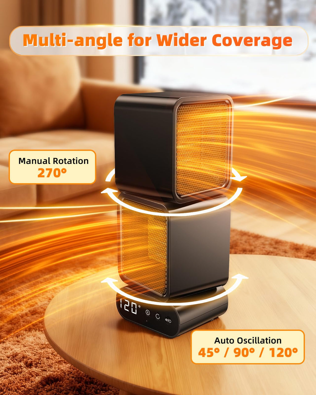 Dual-Head Space Heater,Portable Electric Heaters for Indoor Use with Thermostat and Remote,270° Oscillation,12H Timer,5 Modes,1400W PTC Ceramic Fast Safety Heat for Office Desk Home Bedroom