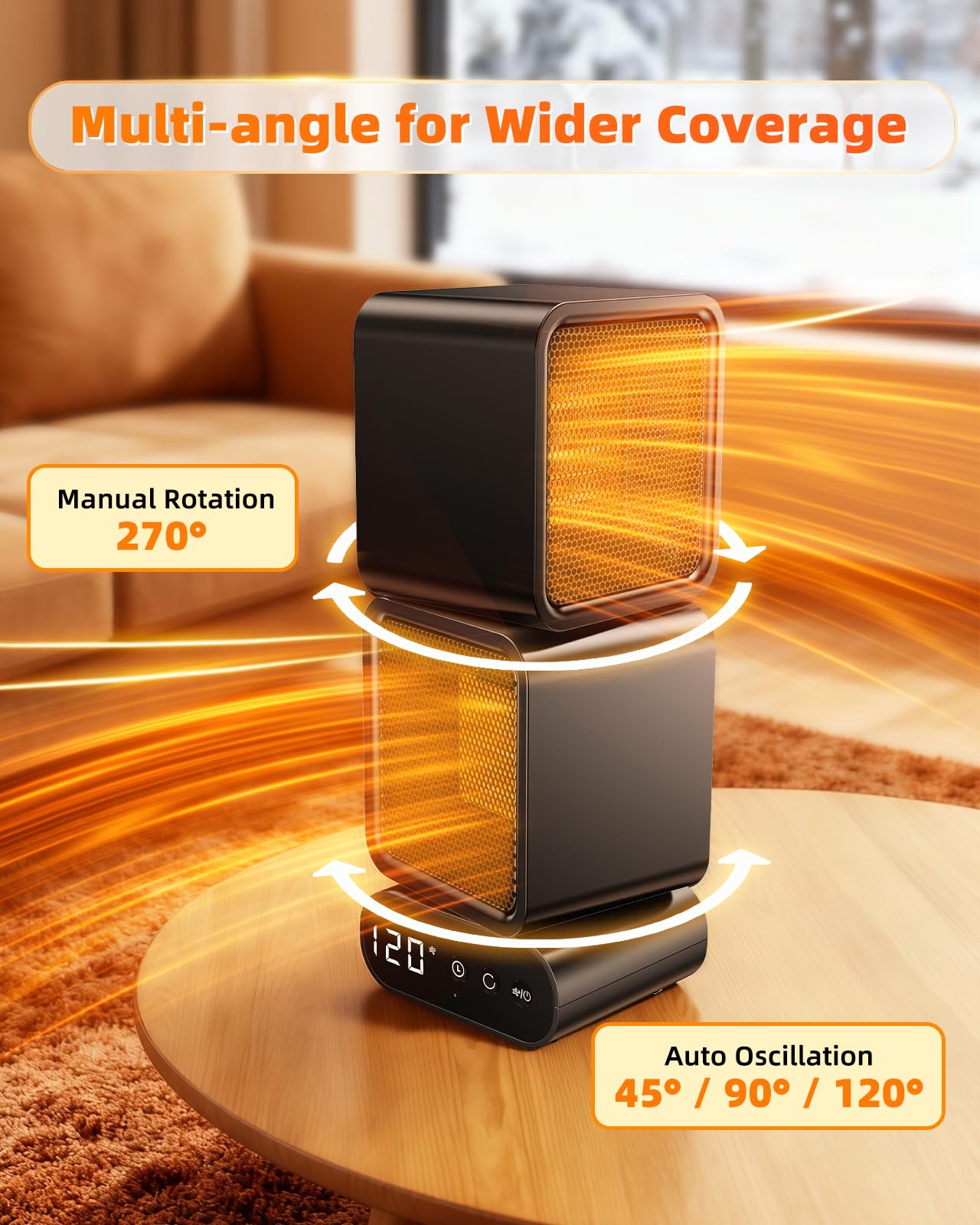 Dual-Head Space Heater,Portable Electric Heaters for Indoor Use with Thermostat and Remote,270° Oscillation,12H Timer,5 Modes,1400W PTC Ceramic Fast Safety Heat for Office Desk Home Bedroom
