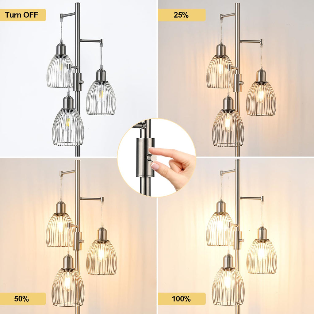 Dimmable Floor Lamp, 3 x 800LM LED Edison Bulbs Included, Industrial Floor Lamp Standing Tree Lamp with Elegant Teardrop Cage Heads Tall Lamps for Living Room Bedroom-Brushed Nickel