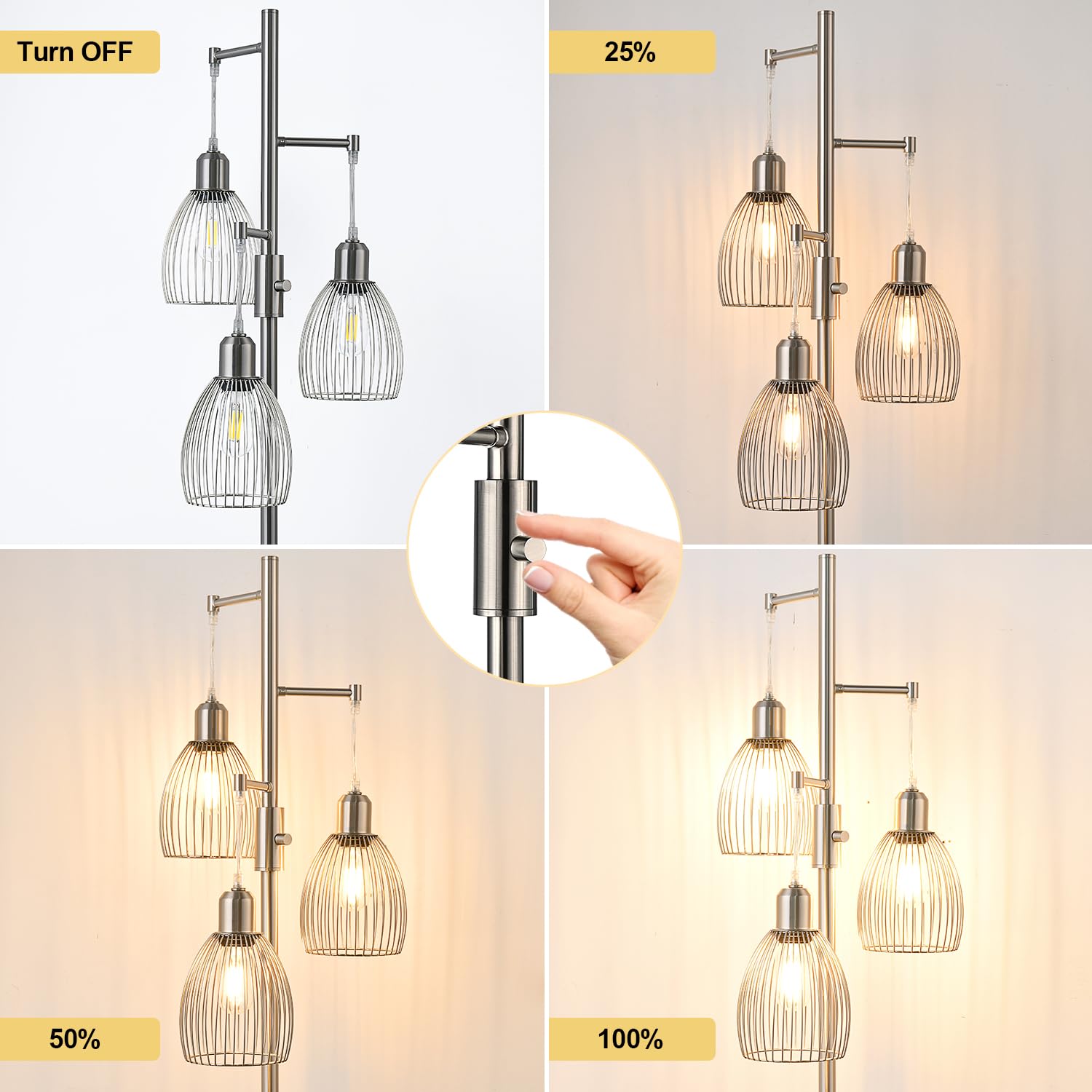 Dimmable Floor Lamp, 3 x 800LM LED Edison Bulbs Included, Industrial Floor Lamp Standing Tree Lamp with Elegant Teardrop Cage Heads Tall Lamps for Living Room Bedroom-Brushed Nickel