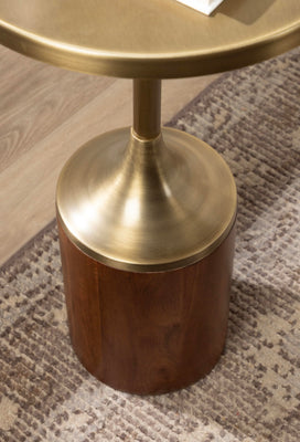 Whelan Modern Metal Round Side Table, 14 x 14 x 24, Antique Brass and Walnut Brown, Transitional Sculptural Indoor Plant Stand for Living Room End Table or Bedroom Nightstand