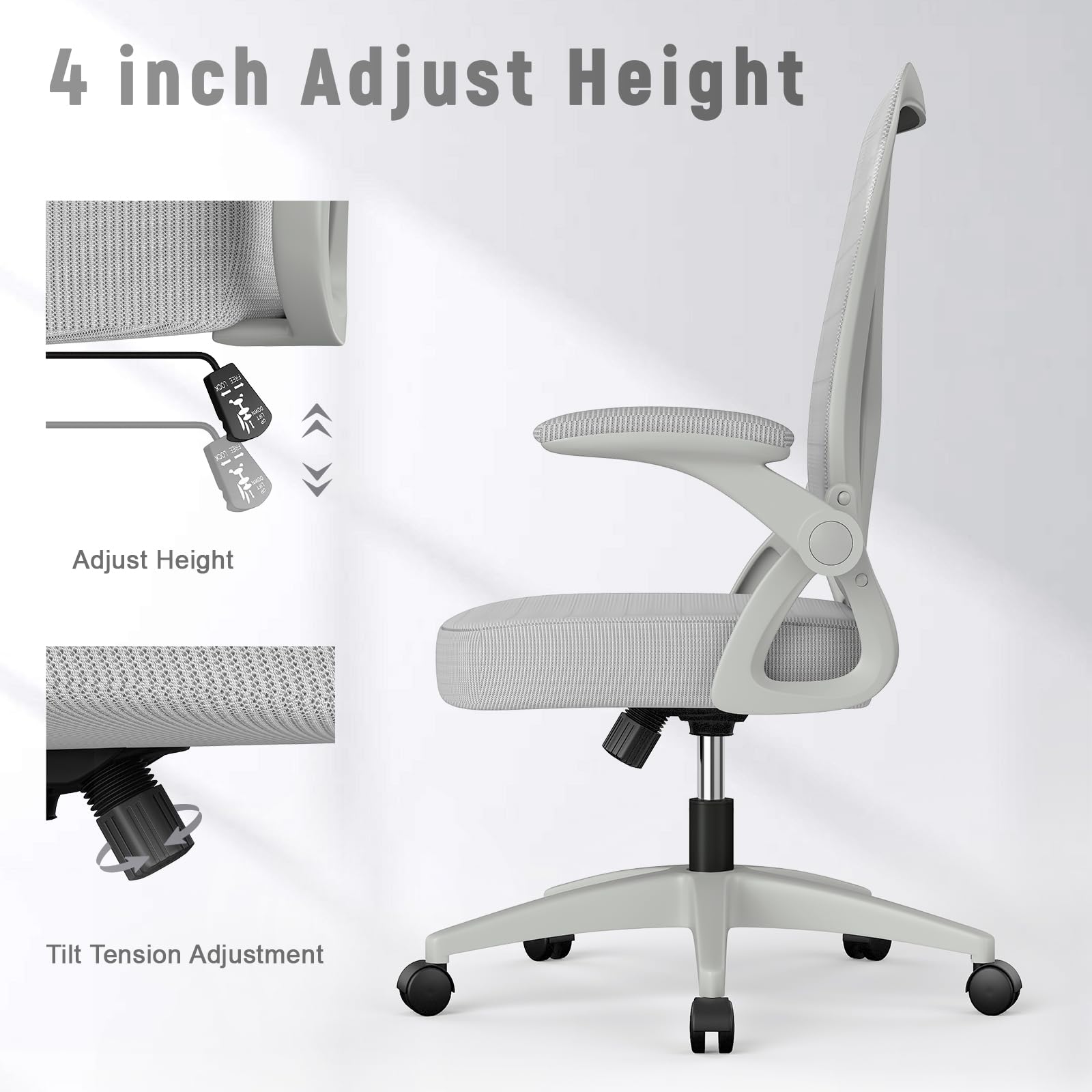 Ergonomic Office Chair, Mid Back Desk Chairs with Adjustable Height, Swivel Chair with Flip-Up Arms and Lumbar Support, Breathable Mesh Computer Chair for Home/Study/Working, Grey