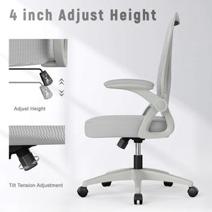 Ergonomic Office Chair, Mid Back Desk Chairs with Adjustable Height, Swivel Chair with Flip-Up Arms and Lumbar Support, Breathable Mesh Computer Chair for Home/Study/Working, Grey