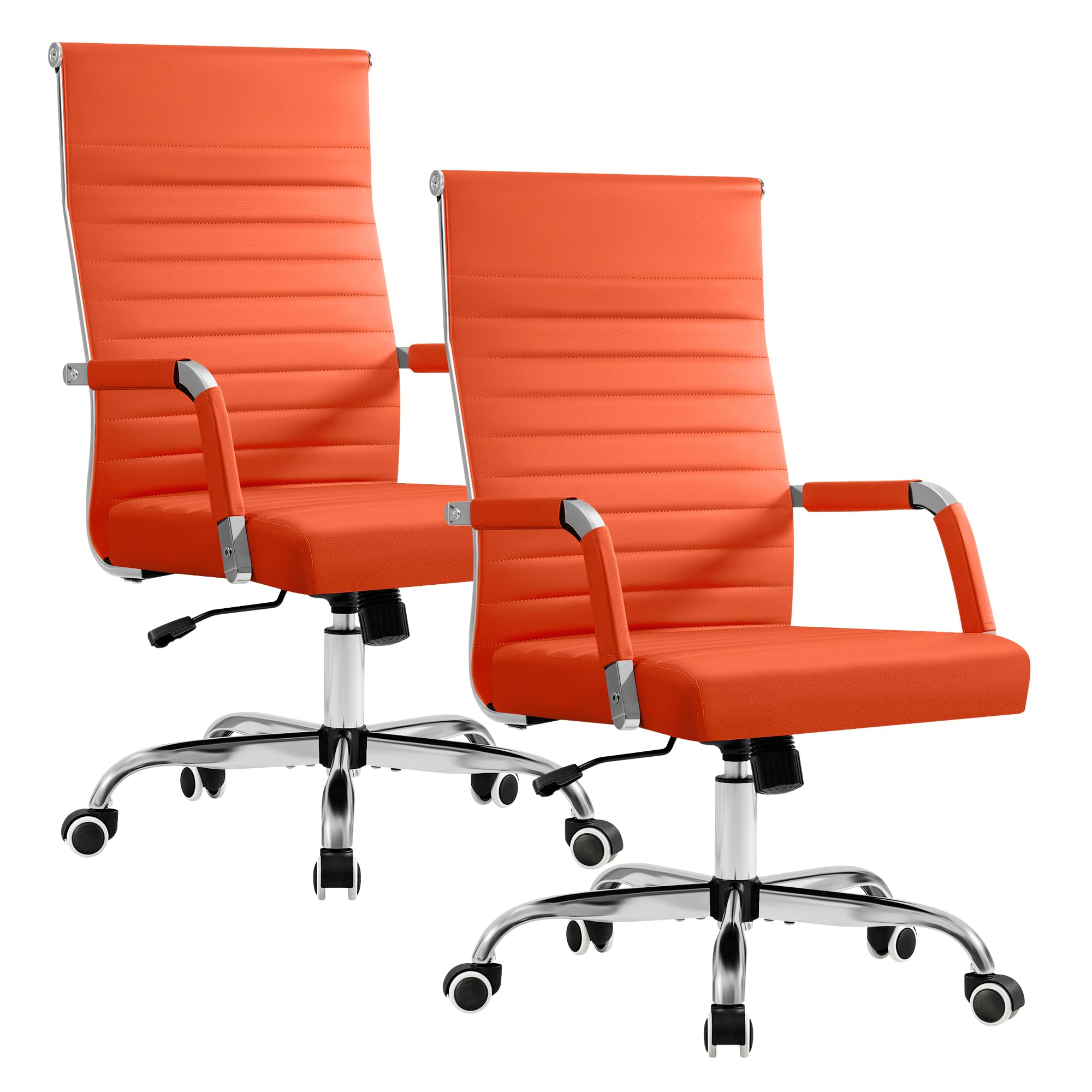Ergonomic Office Desk Chair, Executive Ribbed Mid-Back PU Leather Conference Room Chair Adjustable Swivel Chair with Arms (2, Orange)