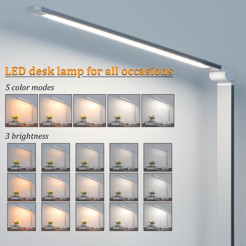 LED Desk Lamp with USB Ports,Touch Desk Lamps for Home Office with 5 Color Modes,3 Brightness Desk Light with Small Night Light,Reading Lamp Table LED Lamp for Bedroom Bedsid Study Sliver