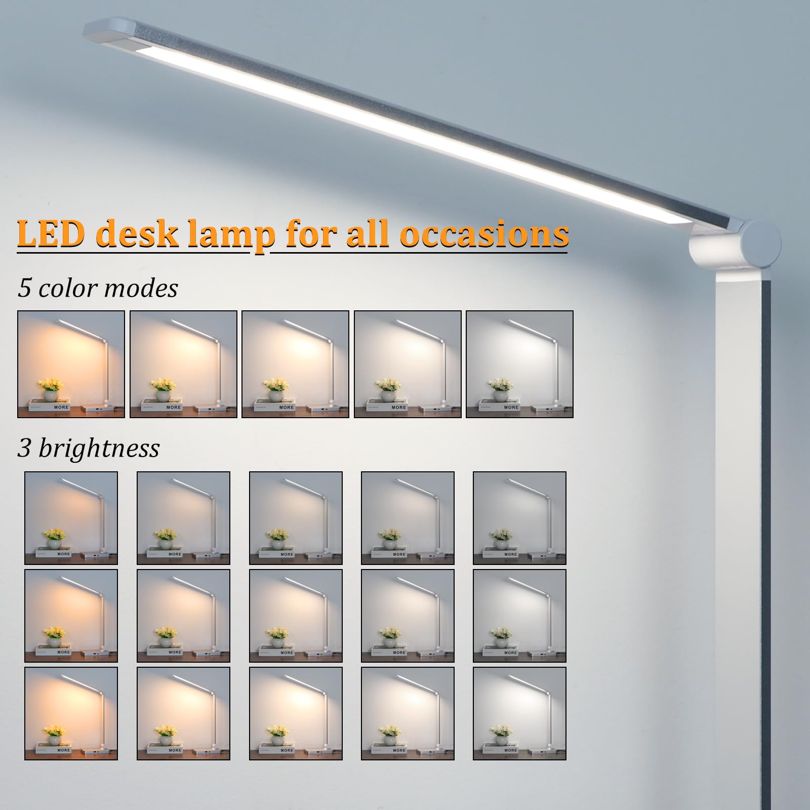 LED Desk Lamp with USB Ports,Touch Desk Lamps for Home Office with 5 Color Modes,3 Brightness Desk Light with Small Night Light,Reading Lamp Table LED Lamp for Bedroom Bedsid Study Sliver