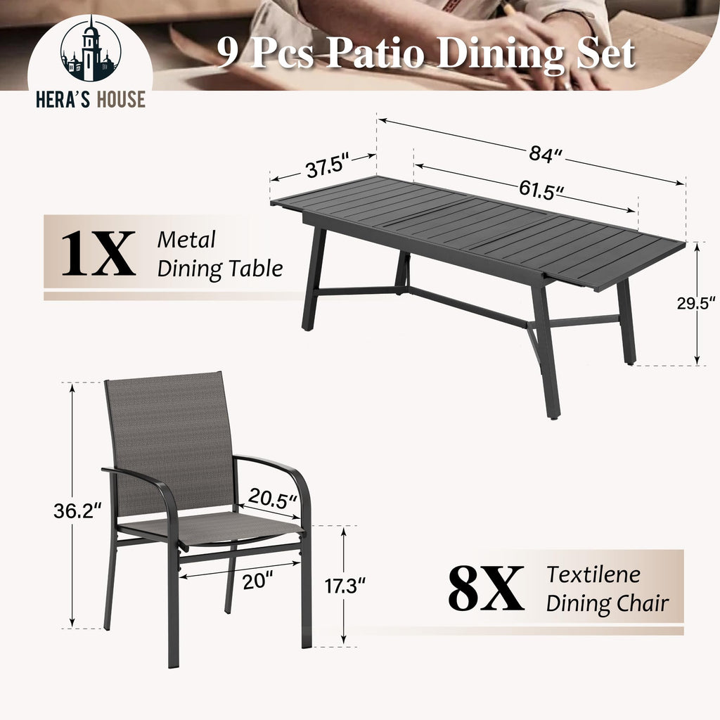 Extendable Patio Table and Chairs Set for 8, 9 Pieces Outdoor Dining Sets, 61"-84" Rectangular Metal Table with Chairs for Deck Lawn Garden Porch