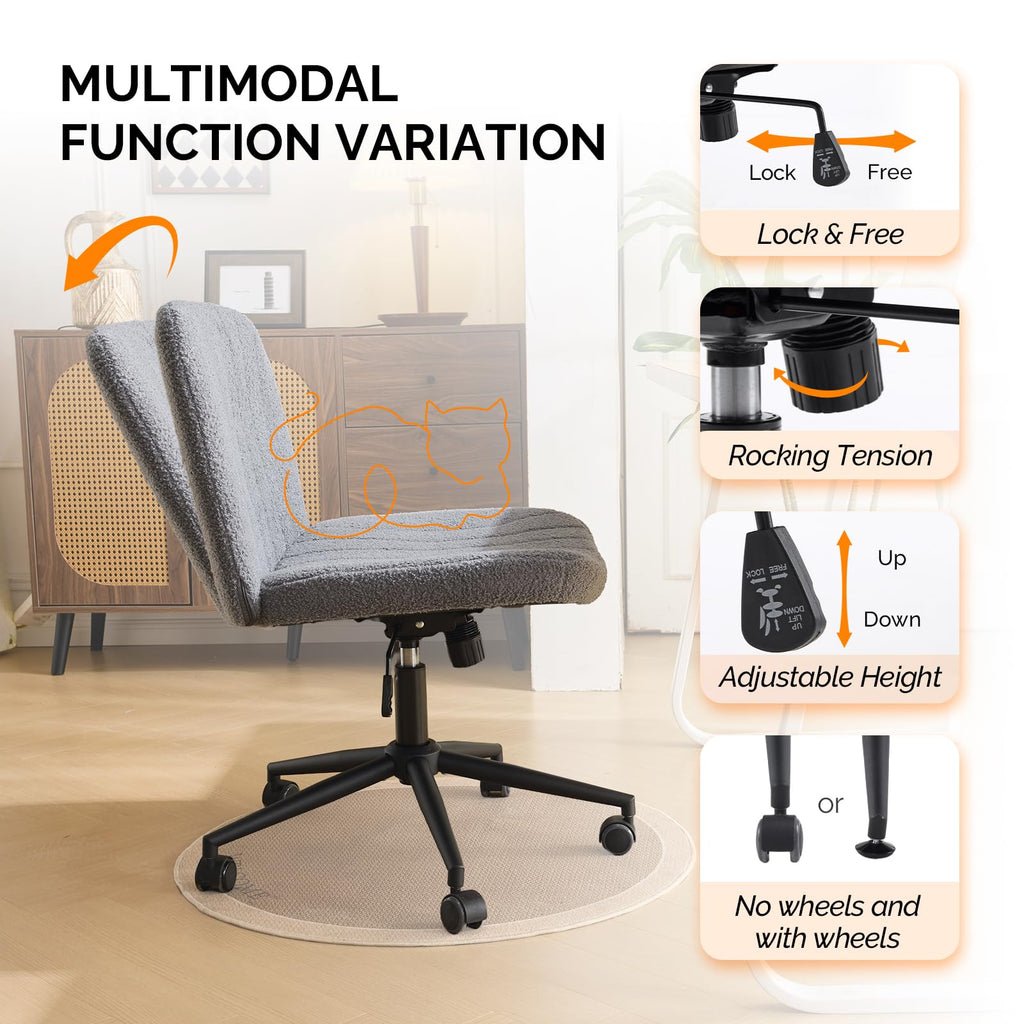 Criss Cross Legged Chair,Wide Comfy Office Desk Chair,Dual-Use with/no Wheels Computer Task Chair,Swivel Armless Vanity Boucle Chair for Study,Make Up,Home Office,Teddy Fleece,Dark Grey