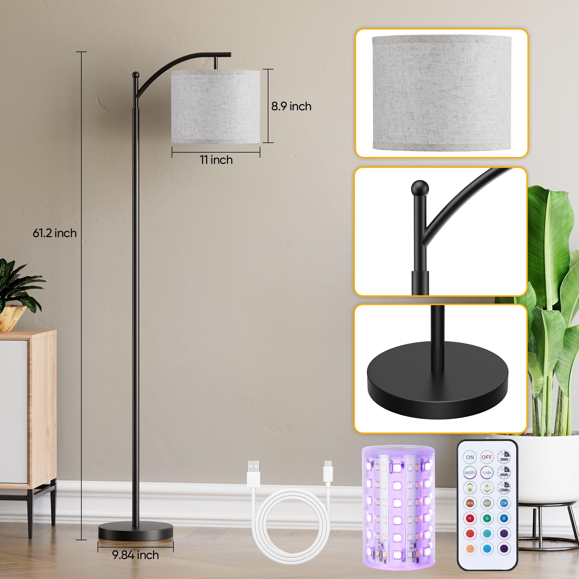 Battery Operated Floor Lamp, RGB Dimmable Cordless Standing Lamp with Remote Control for Living Room, Tall Floor Lamp for Bedroom