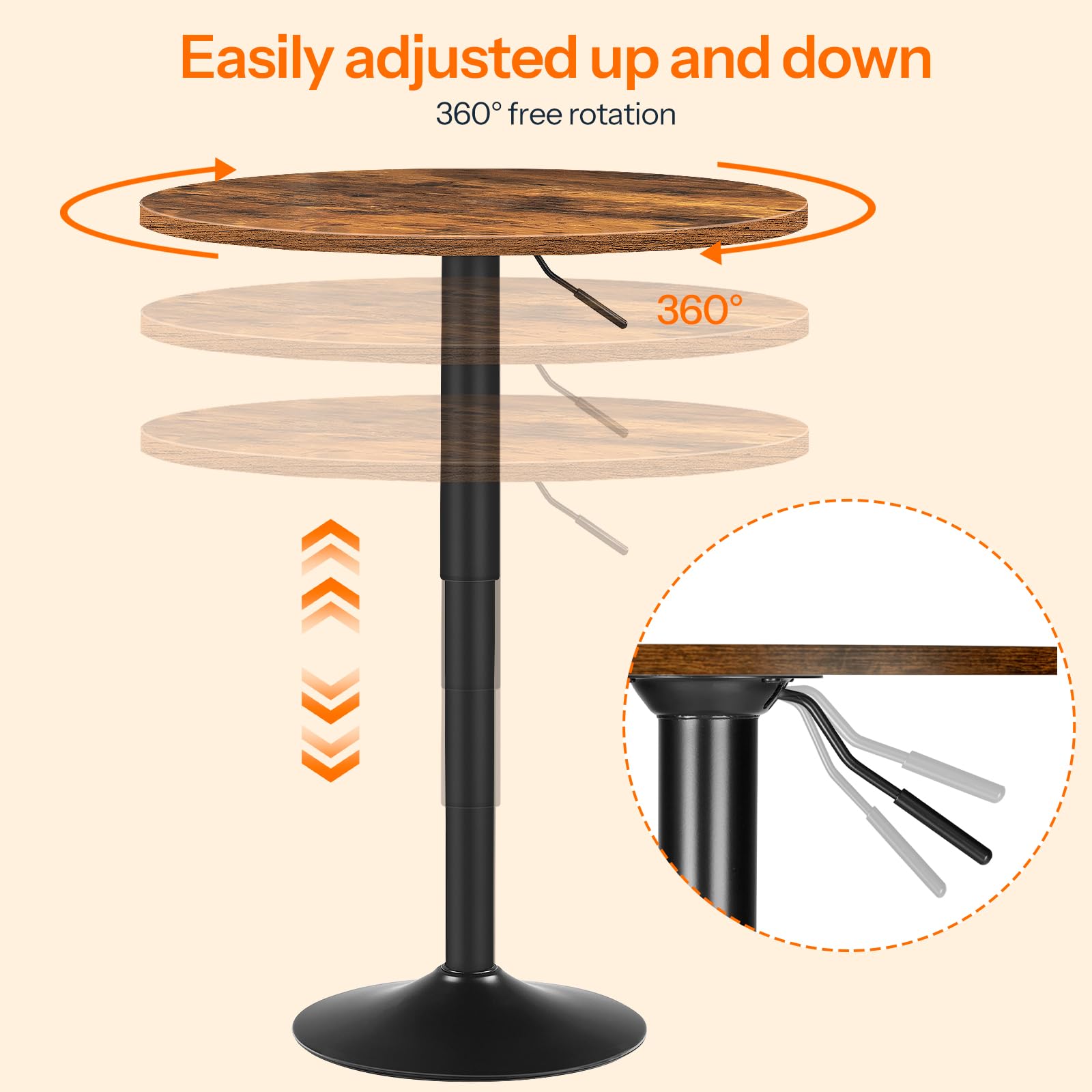 2 Pcs Bar Table, Height-Adjustable Round Pub Table 27-35.4 Inches with Sturdy Base, Modern Style, Easy to Assemble, Suitable for Small Space, Rustic Brown and Black