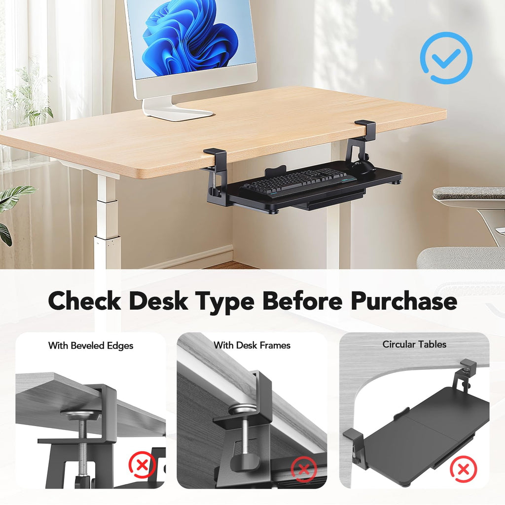 Large Under Desk Keyboard Tray with Sturdy C-Clamp Mount, 26 (30.16" Including Clamps) x 12 inch Slide-Out Platform Computer Desk Heavy Duty Keyboard Tray with Storage Drawer for Typing, Black