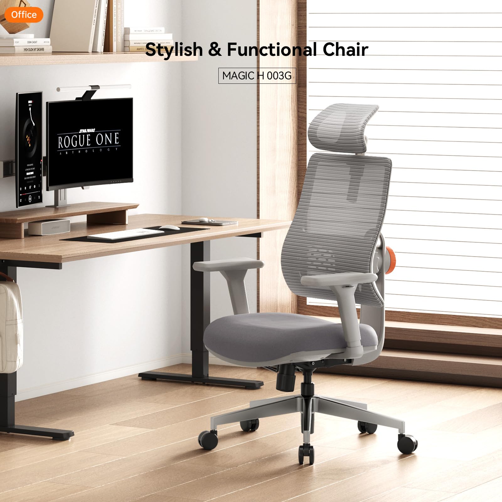 Ergonomic High-Back Office Chair, Home Office Desk Chair with Auto-Following Lumbar Support, Adjustable Headrest, 3D Armrest, Seat Depth & Heigh Adjustable, 96°-126° Recline