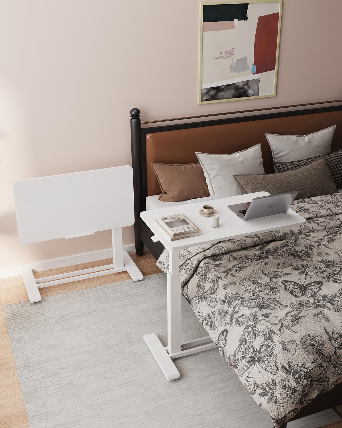 H7 PRO Mobile Standing Desk Adjustable Overbed Table Pneumatic with Wheels 90°Tiltable Portable Laptop Desk Rolling Computer Cart Foldable Bedside Table(27.6" W x 15.7" D, White)