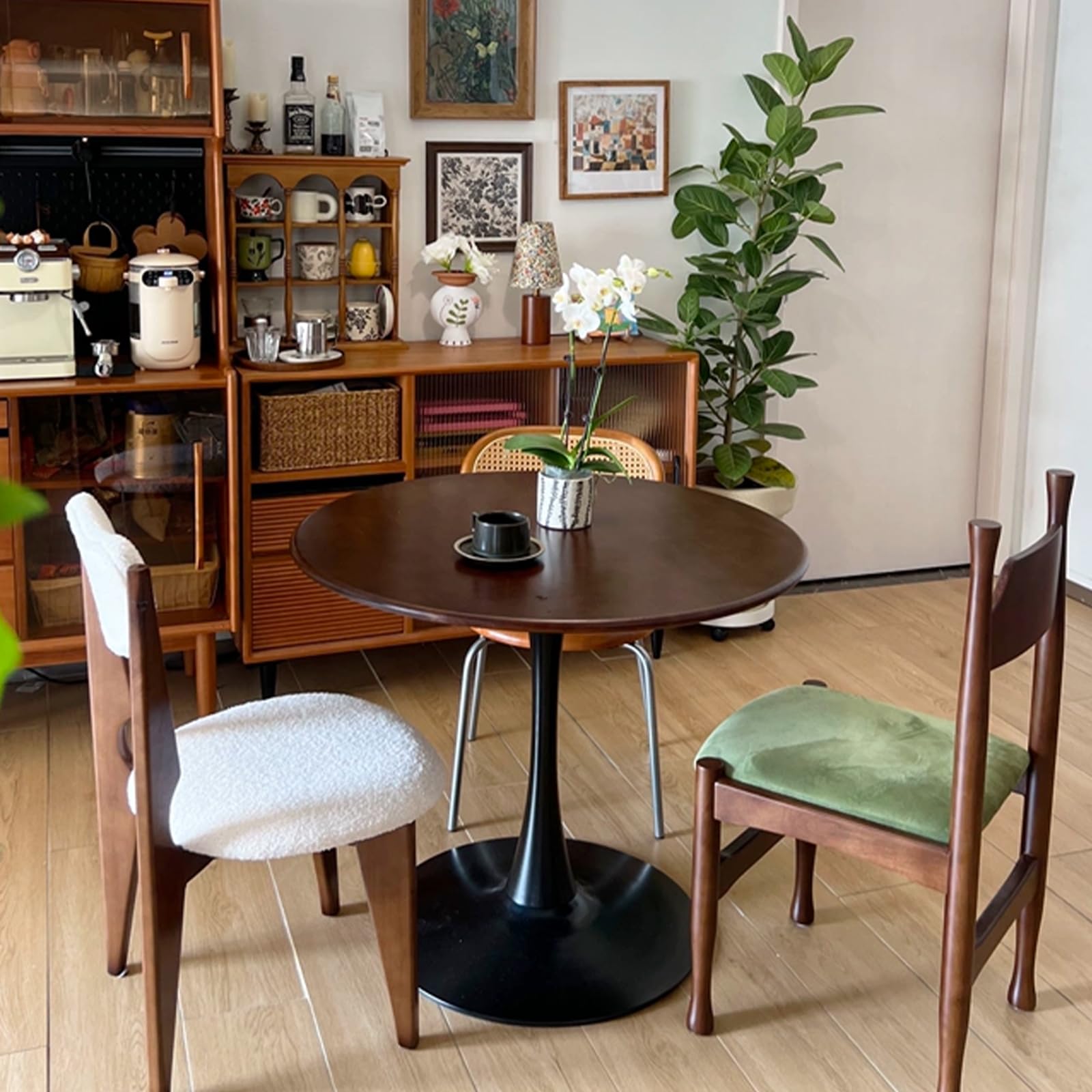 27.3" Round Tulip Dining Table for 2-4 People with Walnut Top and Black Metal Pedestal Base, Mid-Century Modern Small Space Table for Kitchen, Living Room, Cafe