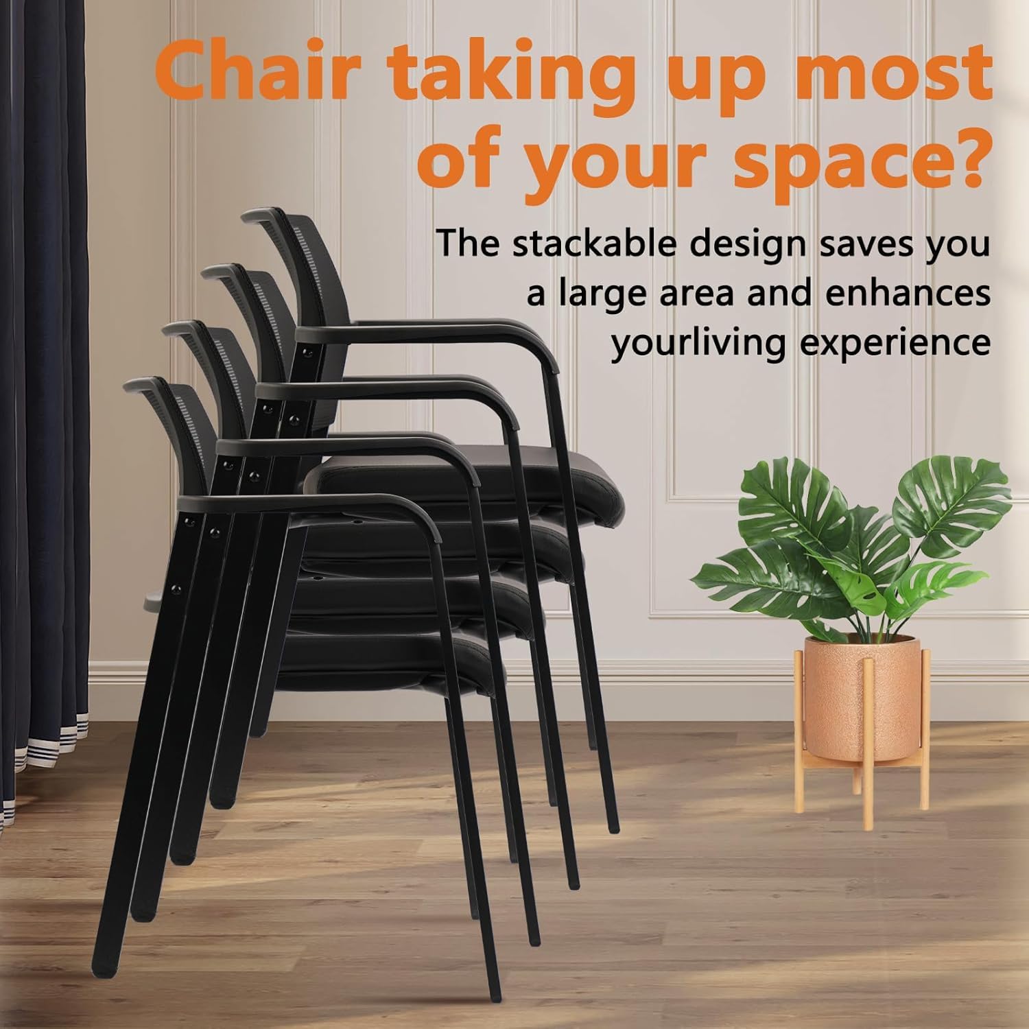 Black, Set of 8, Stackable Office Chair, Mesh Back Guest Chairs with Comfortable Leather Seat Arms Stacking Ergonomic Desk Chair No Wheels for Conference Waiting Reception School Stationary,
