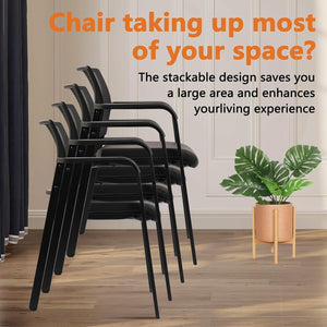 Black, Set of 8, Stackable Office Chair, Mesh Back Guest Chairs with Comfortable Leather Seat Arms Stacking Ergonomic Desk Chair No Wheels for Conference Waiting Reception School Stationary,