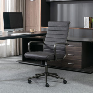 Leather Office Desk Chair, Ergonomic Mid Century Modern Conference Room Chairs, Executive Ribbed Height Adjustable Swivel Rolling Chair for Home Office.