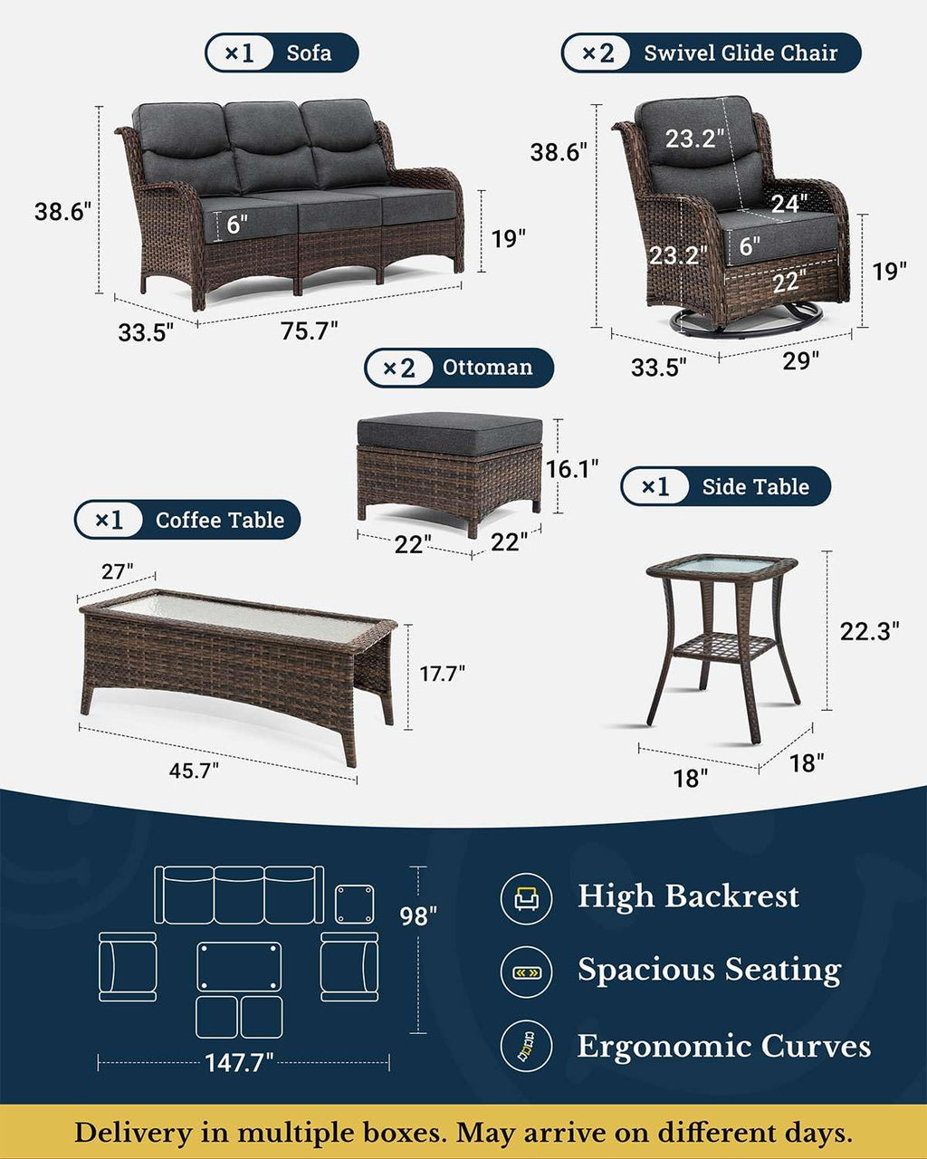 Luxury Patio Furniture Set with 6-inch Thick Cushion, Outdoor Couch and High Back Swivel Rocker Patio Chairs, 7PCS Wicker Conversation Set for Deck Yard and Poolside, Dark Grey (V2)
