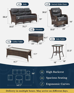 Luxury Patio Furniture Set with 6-inch Thick Cushion, Outdoor Couch and High Back Swivel Rocker Patio Chairs, 7PCS Wicker Conversation Set for Deck Yard and Poolside, Dark Grey (V2)