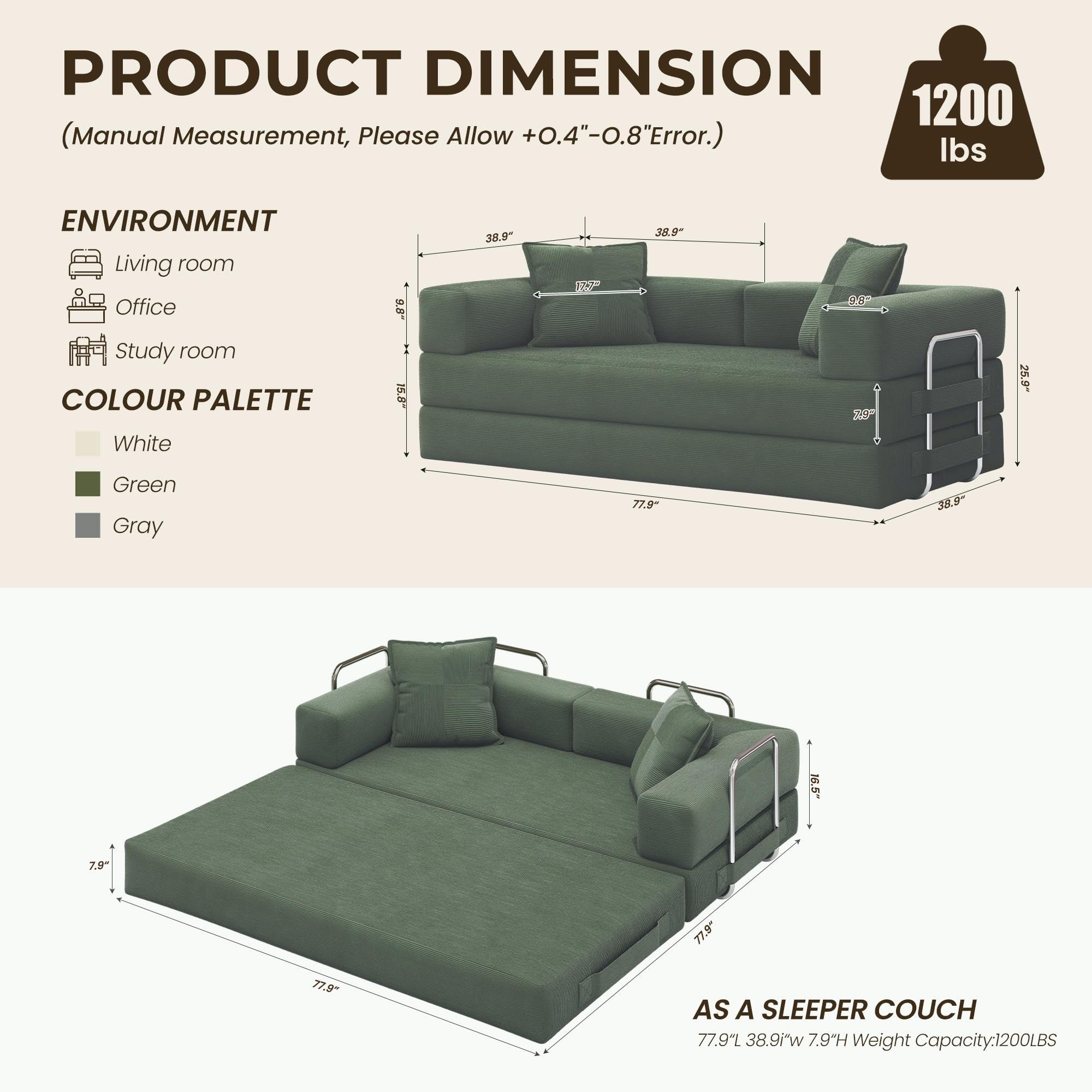 78 Inch Convertible Sofa Bed, 5-in-1 Futon Sofa Bed Pull Out Couch, Boneless Couch Bed for Living Room, Corduroy Boneless Couches for Bedroom, Apartment, No Assembly Sleeper Sofa Bed, Green