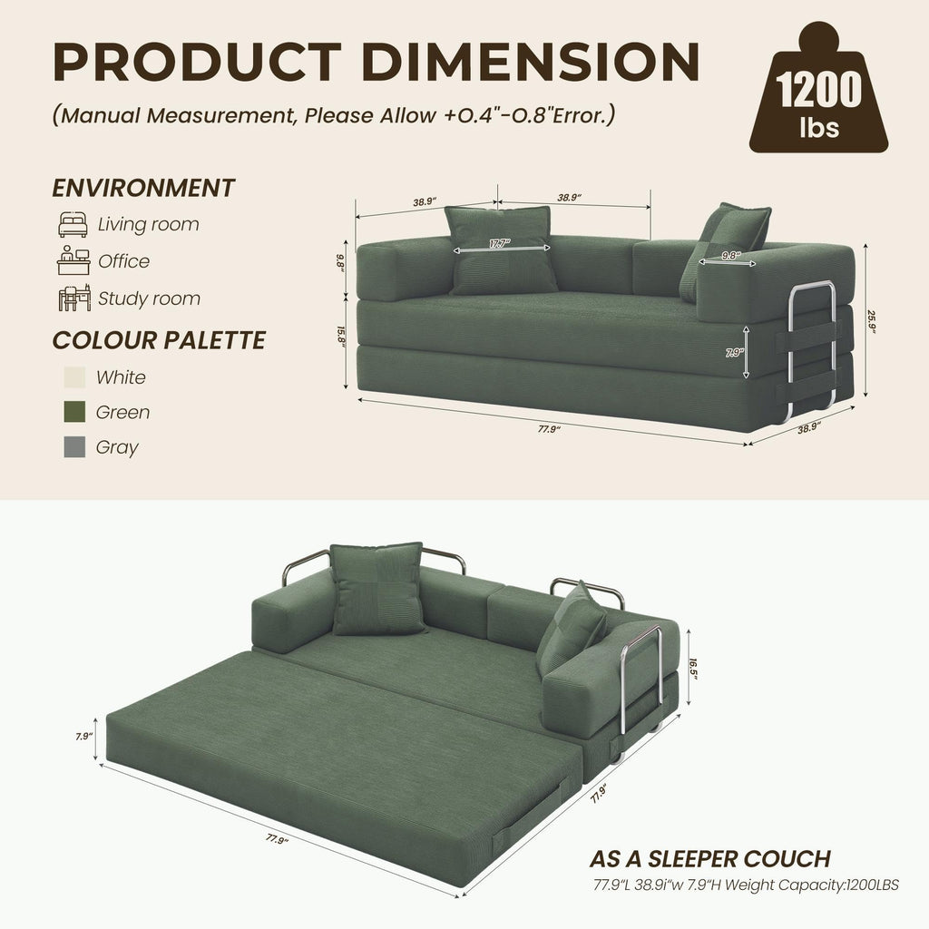 78 Inch Convertible Sofa Bed, 5-in-1 Futon Sofa Bed Pull Out Couch, Boneless Couch Bed for Living Room, Corduroy Boneless Couches for Bedroom, Apartment, No Assembly Sleeper Sofa Bed, Green