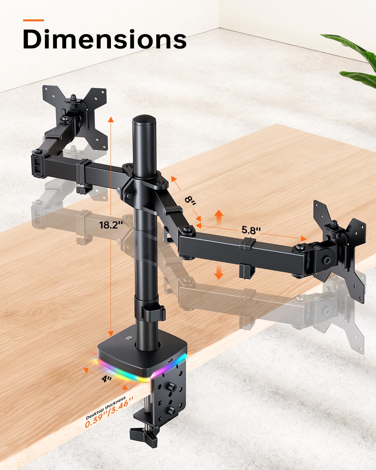 RGB Single Monitor Stand, Monitor Arm with 3 USB Ports, Charging and USB Data Transfer Function, Adjustable Desk Mount for 13"-27" Monitors up to 17.6lbs, VESA 75x75mm 100x100mm, Ergonomic Design